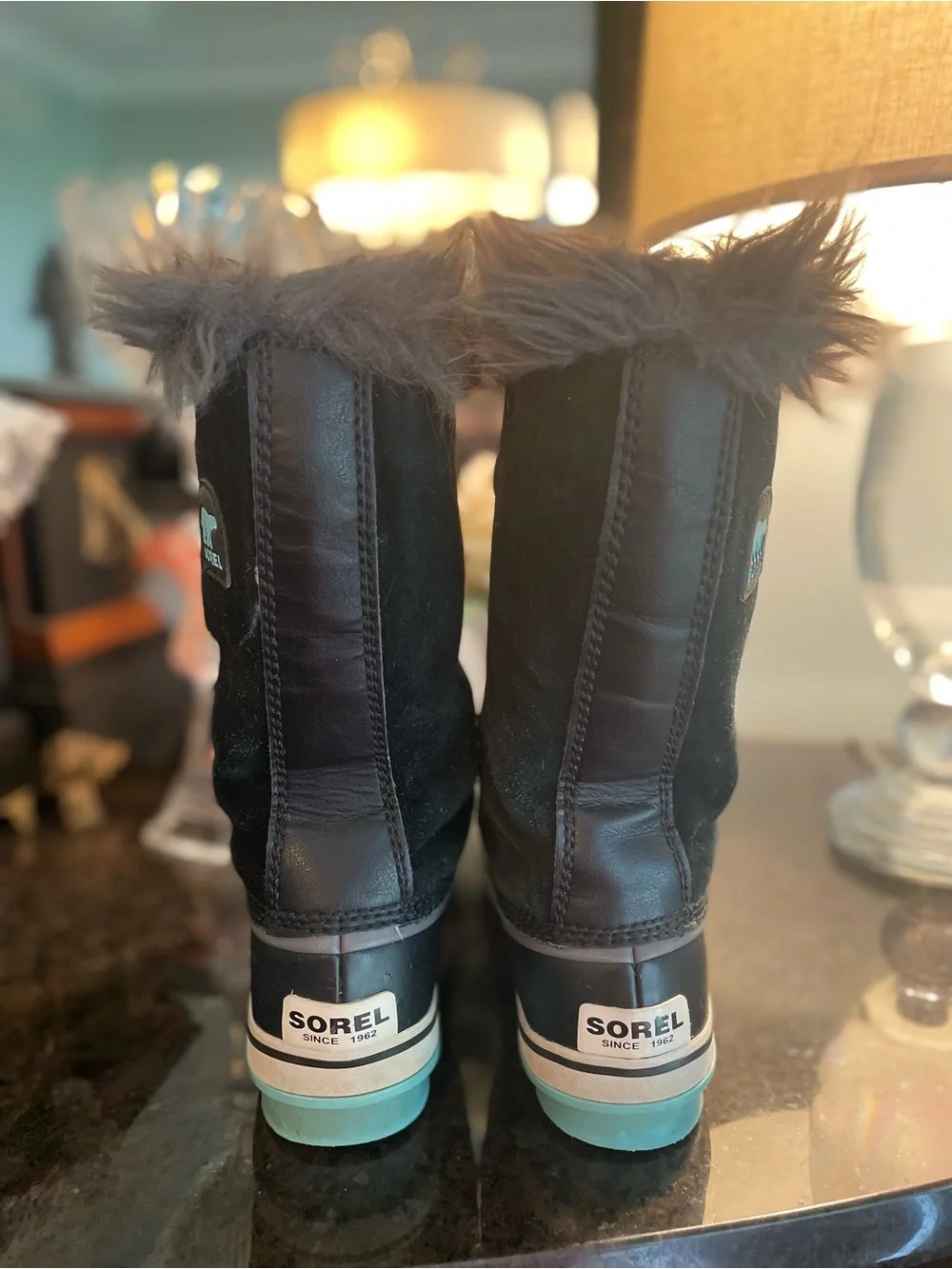 SOREL Joan of Arctic Waterproof Winter Boots Faux Fur Black Lace Up Size 7